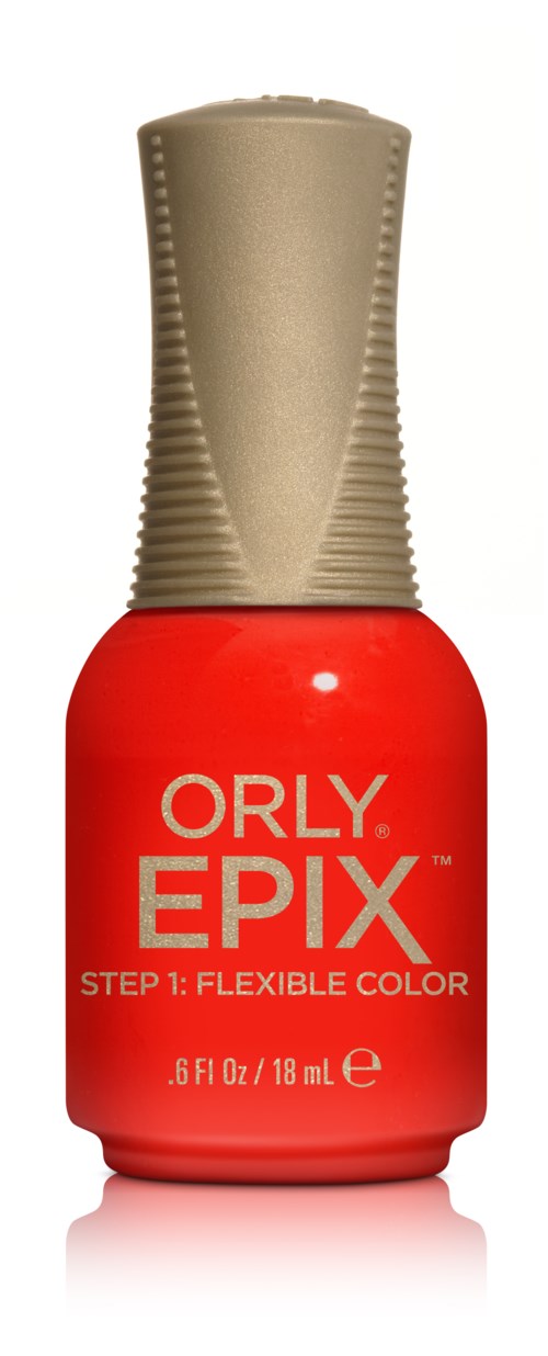 En rød neglelakflaske mærket ORLY EPIX med beige låg.