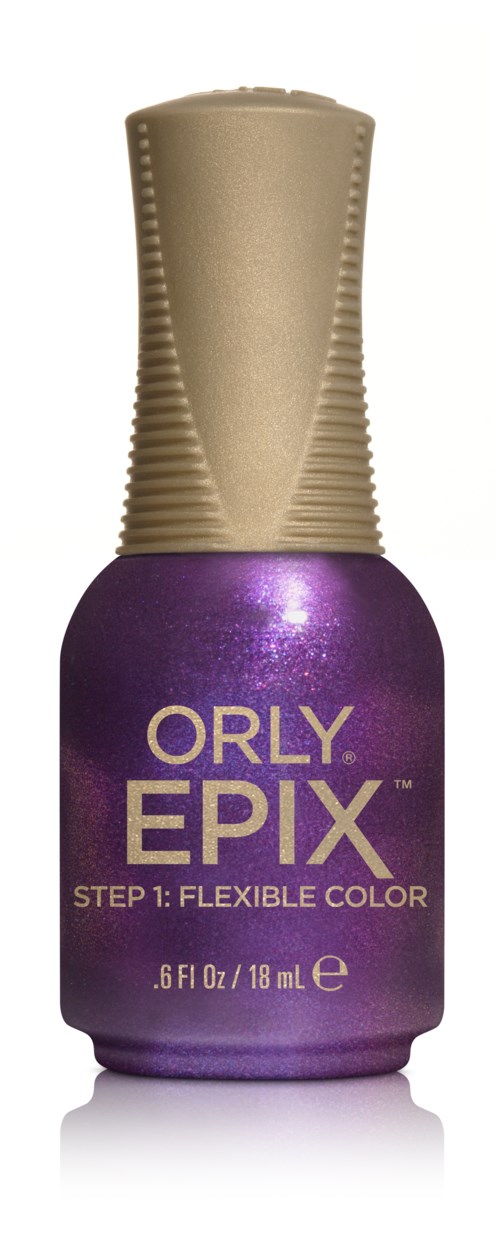 En lilla neglelakflaske med guldhætte mærket ORLY EPIX, trin 1 fleksibel farve.