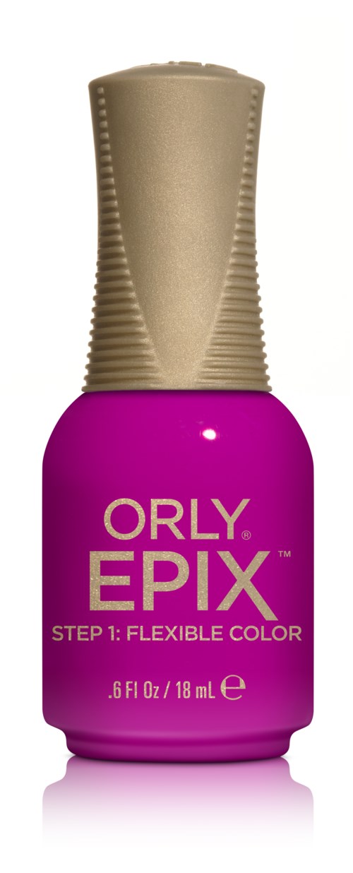 En lilla flaske neglelak fra Orly EPIX med guldhætte, mærket som fleksibel farve, 18 ml.