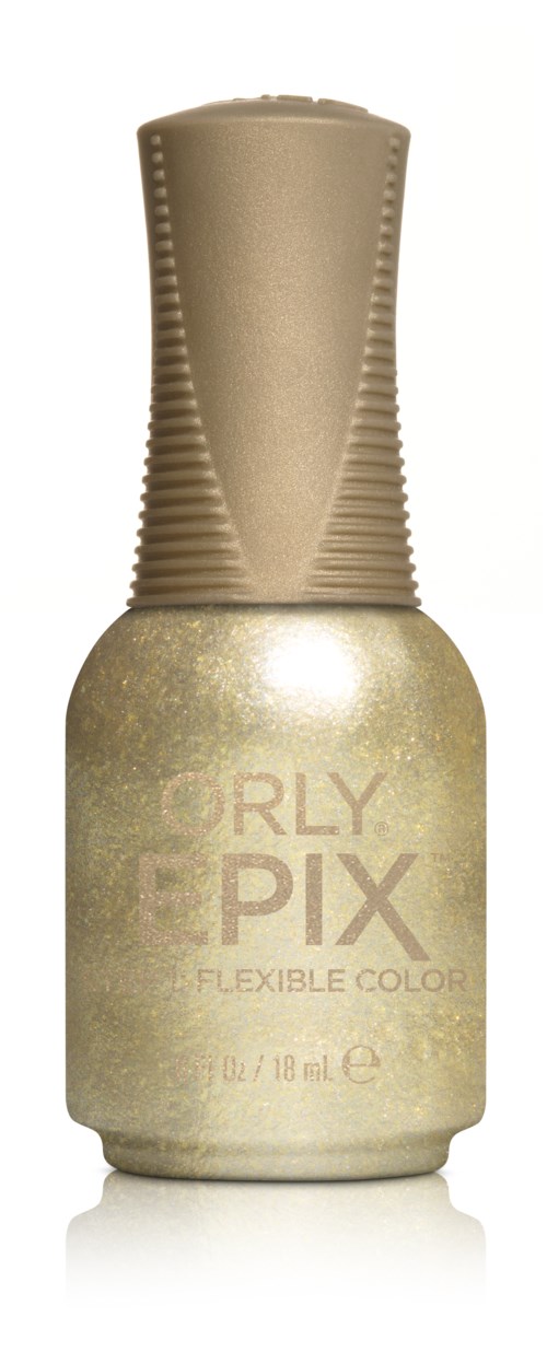 En flaske neglelak mærket "Orly Epix" med beige låg og glitrende guldfarve.