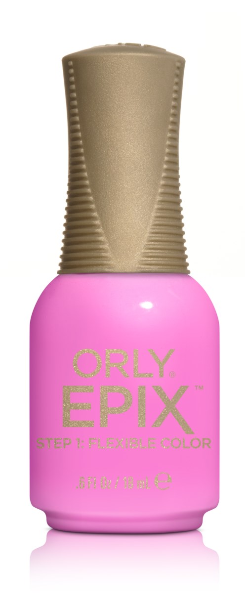 Pink neglelakflaske med guldhoved, mærket 'Orly EPIX Step & Flexible Color' i guldtekst.