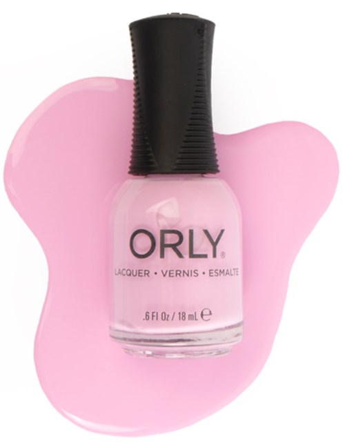 En rosa nagellackflaska med svart lock, märkt ORLY, på en rosa färgsplattring.