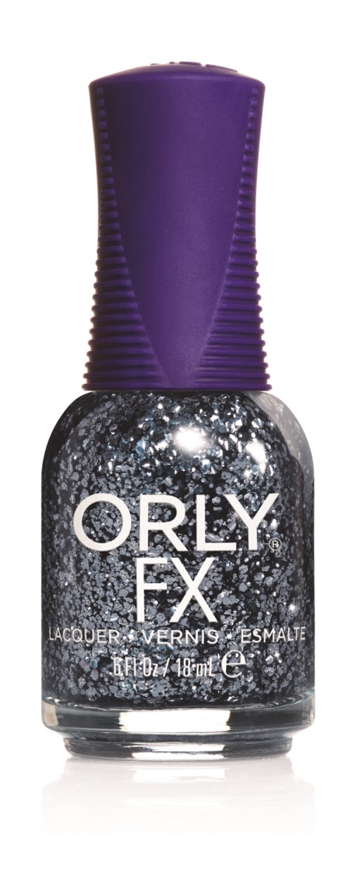 En flaska glitternagellack i silver med lila kapsyl och vitt text som säger 'ORLY FX'.