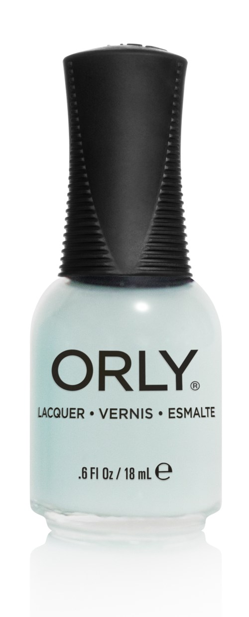 En flaska ljusblå nagellack med svart lock och ORLY-märket på.