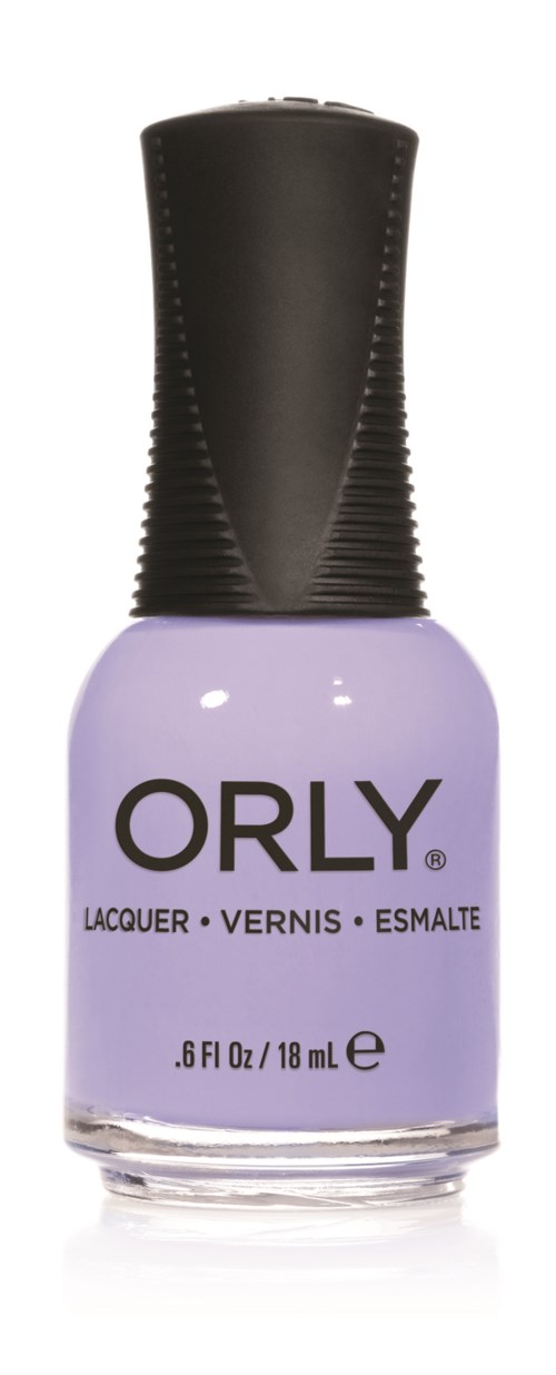 En liten flaska med ljuslila nagellack och svart lock. Märket är ORLY, och den är 0,6 fl oz.