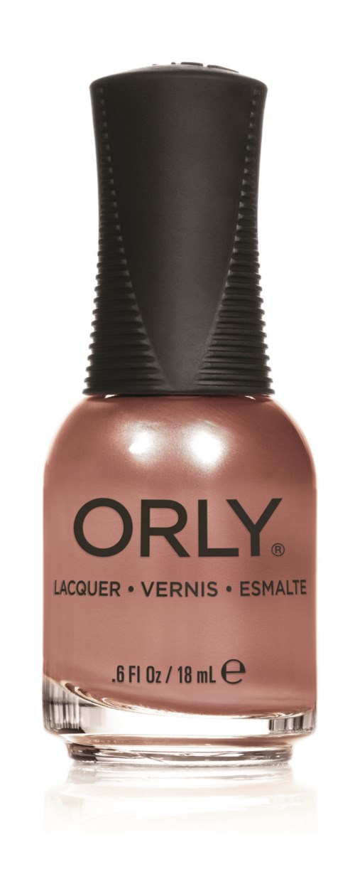 En flaska nagellack från ORLY i en ljus rosa färg med svarts lock.