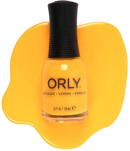 En flaska gul nagellack märkt "ORLY" på en gul splattig bakgrund.