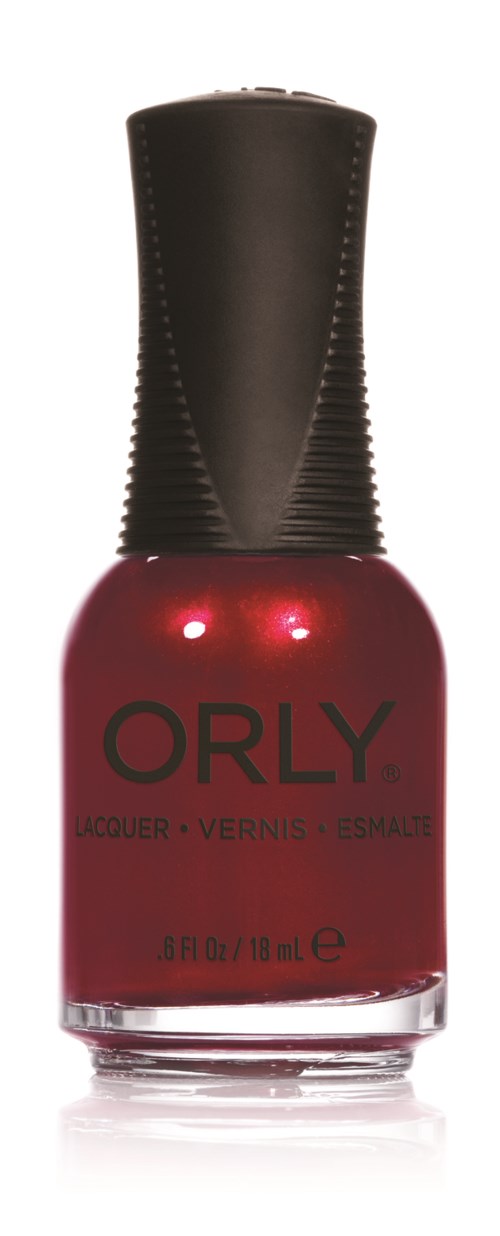 Röd nagellacksflaska med svart lock, märkt 'ORLY'.