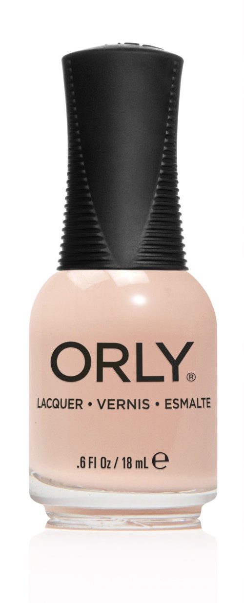 En flaska med ORLY nagellack i ljusrosa färg med svart lock.