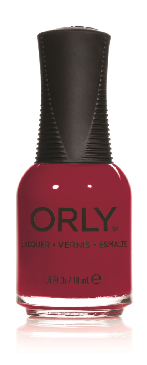 Röd nagellacksflaska med svart lock och "ORLY" text på fronten.