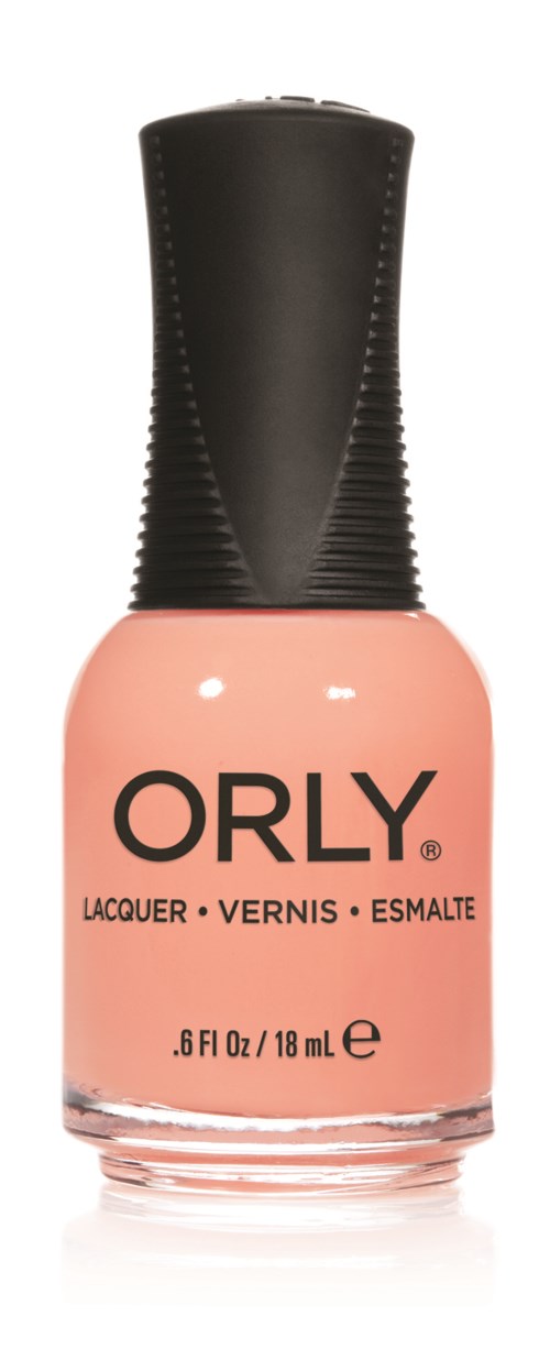 En flaska rosa nagellack från Orly med svart lock, står upprätt och är tydligt märkt.