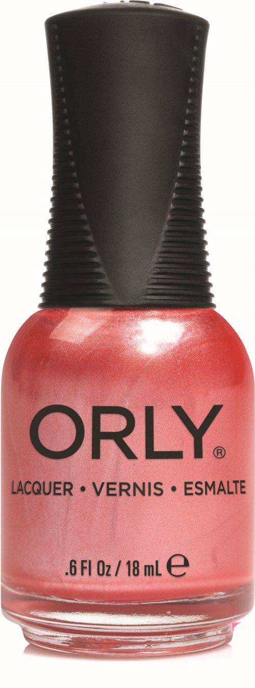 Pink nagellackflaska med svart lock, märkt ORLY, storlek 0,6 fl oz, för naglar.