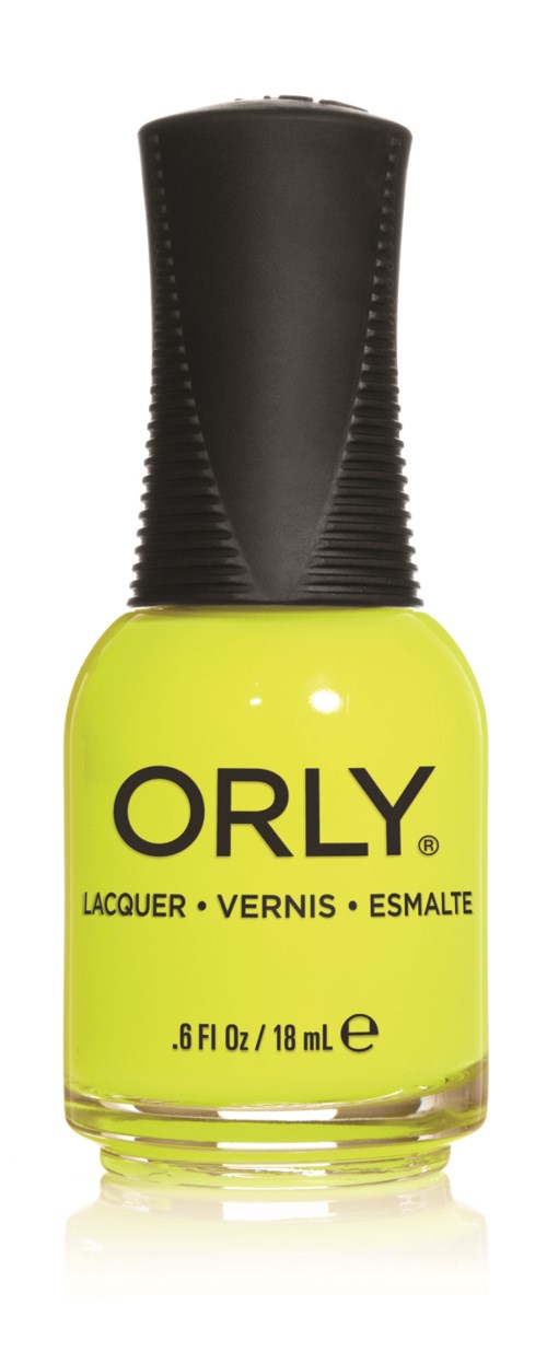 Ljusröd nagellacksflaska med svart lock och 'ORLY' namn på.