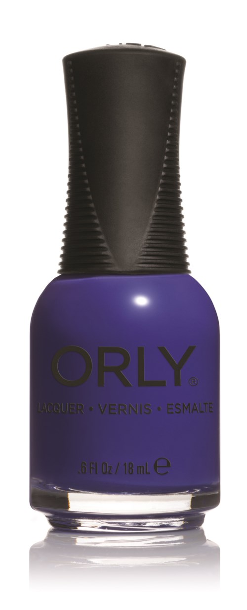 En lila nagellackflaska med svart lock och "ORLY" skrivet på.
