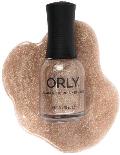 Orly nagellackflaska med beige glitternagellack spilld bakom.