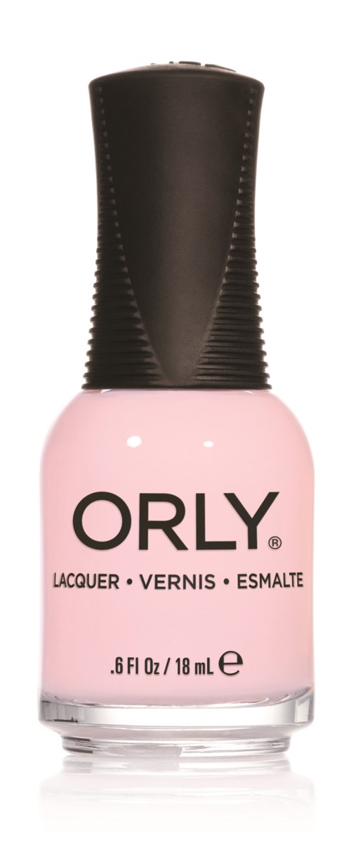 Pink nagellackflaska med svart lock, märkt 'ORLY', storlek 0,6 fl oz/18 mL.