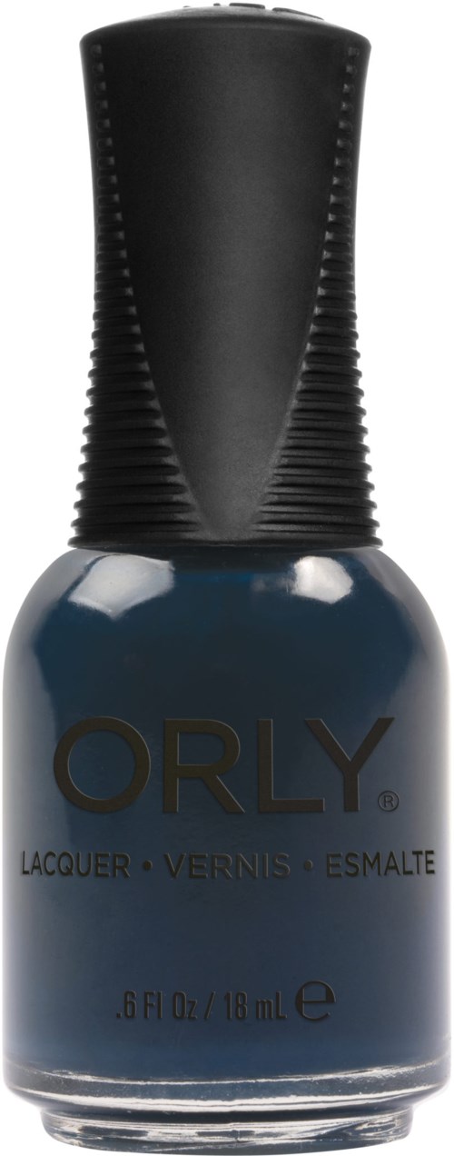 Mörkblå nagellackflaska med svart kork märkt 'ORLY'.