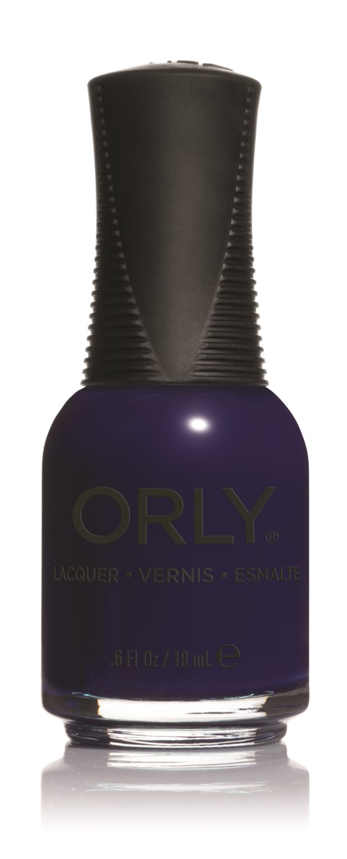 Mörklila nagellack i en flaska med svart lock och märket 'ORLY'.