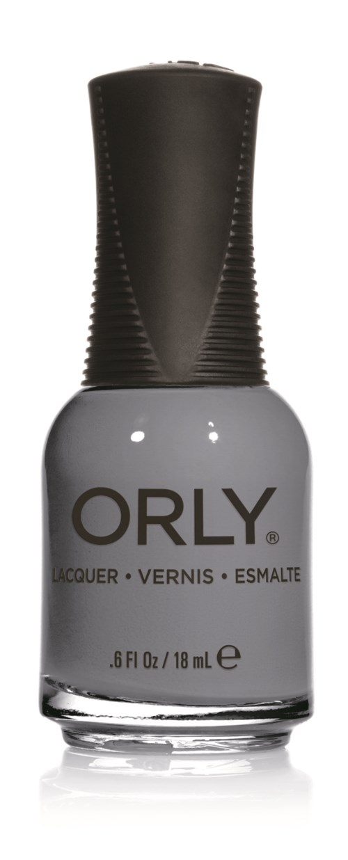 En flaska nagellack från ORLY i grå färg med svart lock.