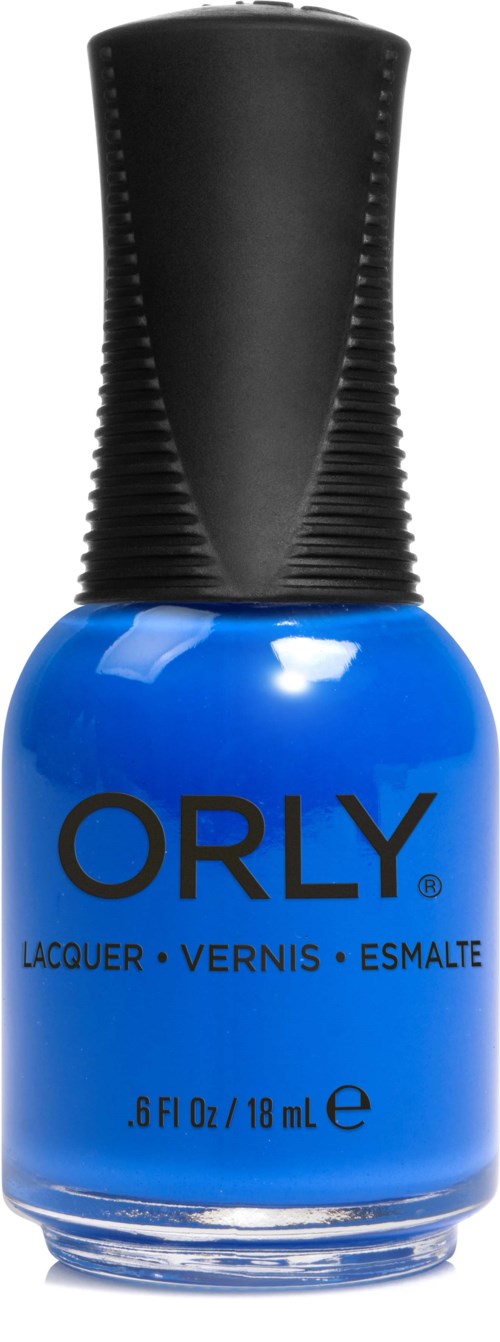 Blå nagellackflaska med svart topp, märkt ORLY, 18 ml.