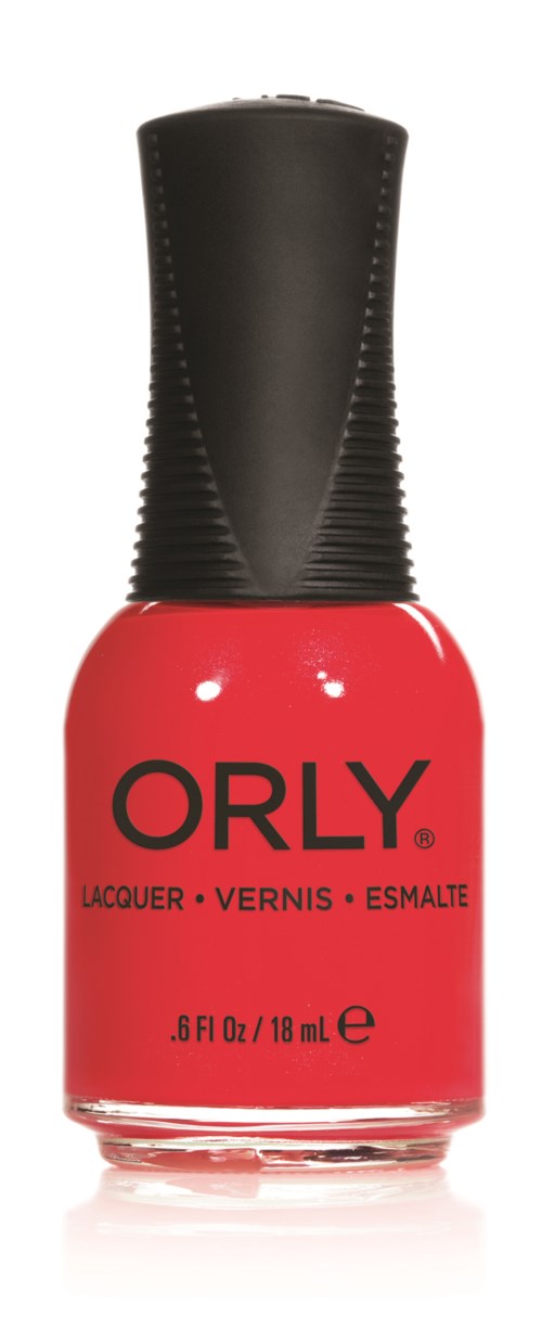 En röd nagellackflaska med svart lock och märket ORLY.