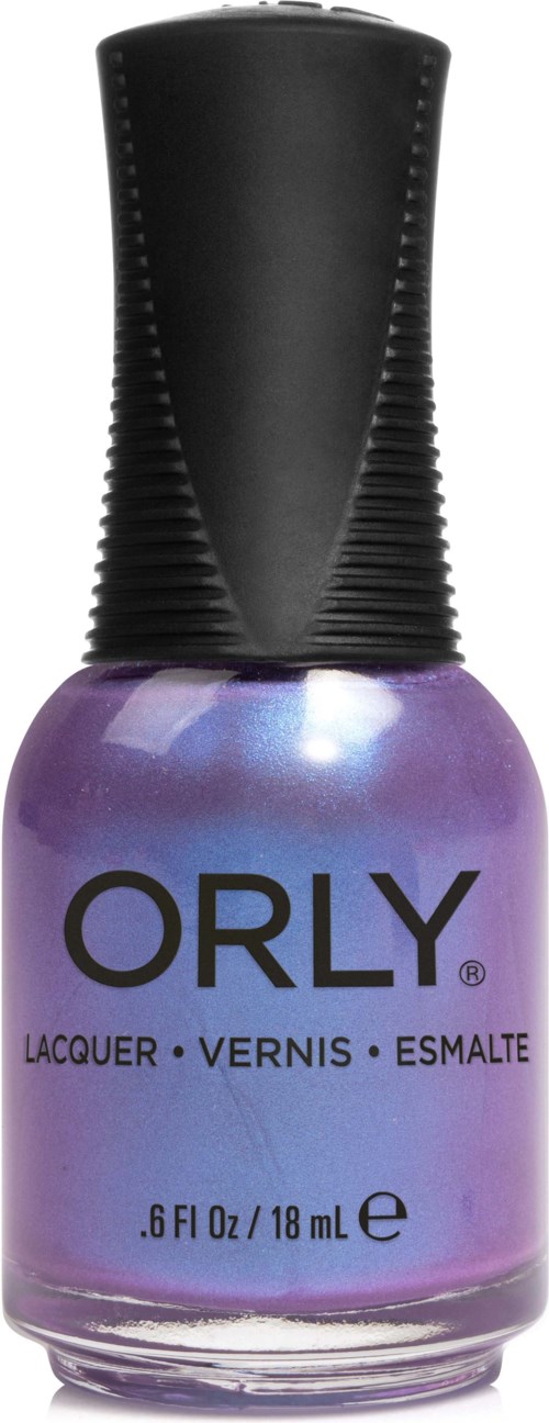 Lila nagellackflaska med svart lock. Märkesnamn ORLY. Storlek 0,6 fl oz eller 18 mL.