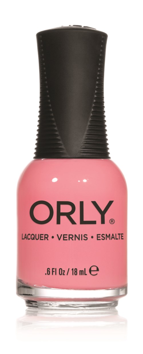Rosa nagellackflaska med svart lock, märkt ORLY, 18 ml, används för att måla naglar.