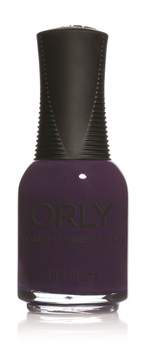 En lila nagellackflaska med svart lock och varumärket 'ORLY' på.