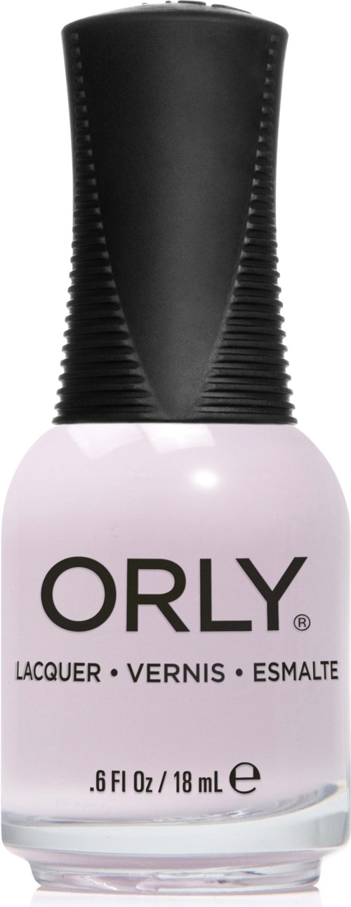 En flaska med ORLY nagellack med svart lock och ljusrosa vätska.