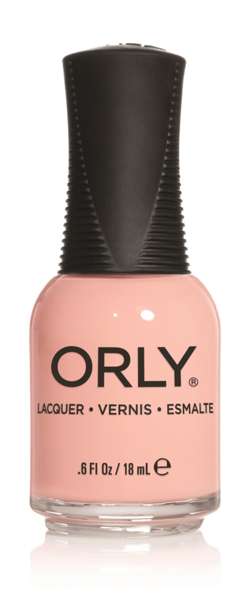 En rosa nagellackflaska med svart lock, märkt 'ORLY' och 'LACQUER'.