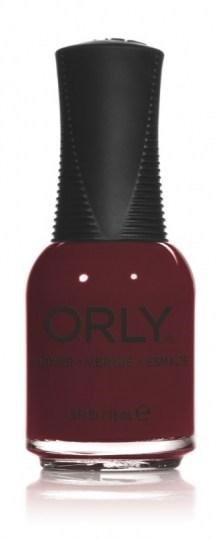 En mörkröd nagellackflaska med svart lock och märket 'ORLY' på.