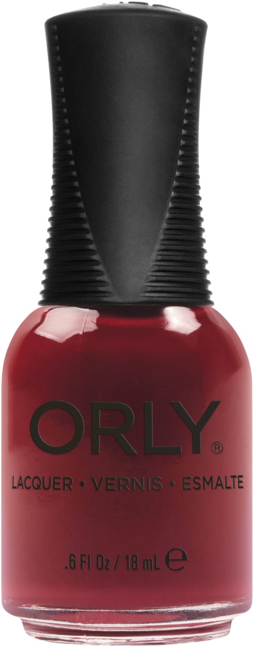 En flaska med rött nagellack med svart lock och varumärket 'Orly' på.