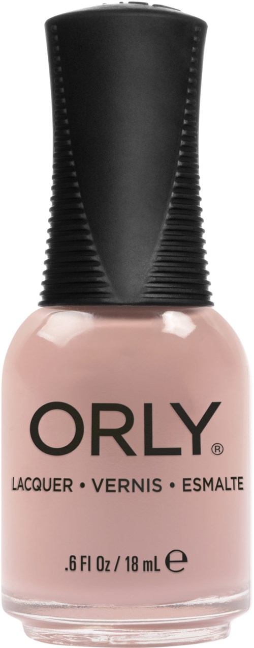 En flaska ljusrosa nagellack med svart lock, märkt "ORLY" och nämner lack, vernis, esmalte.