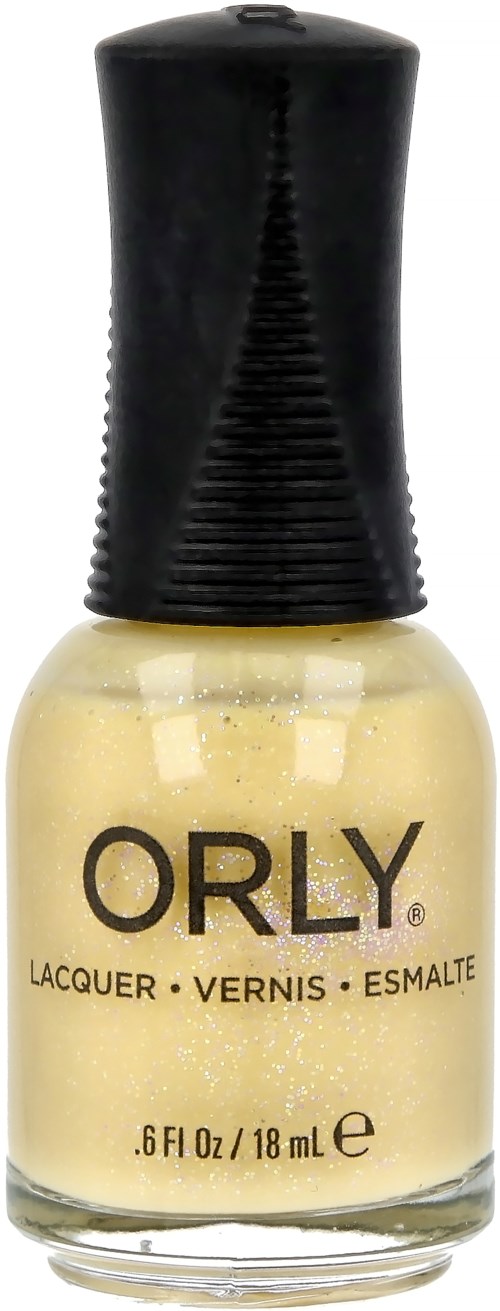 En beige nagellackflaska med svart kork märkt 'ORLY.'