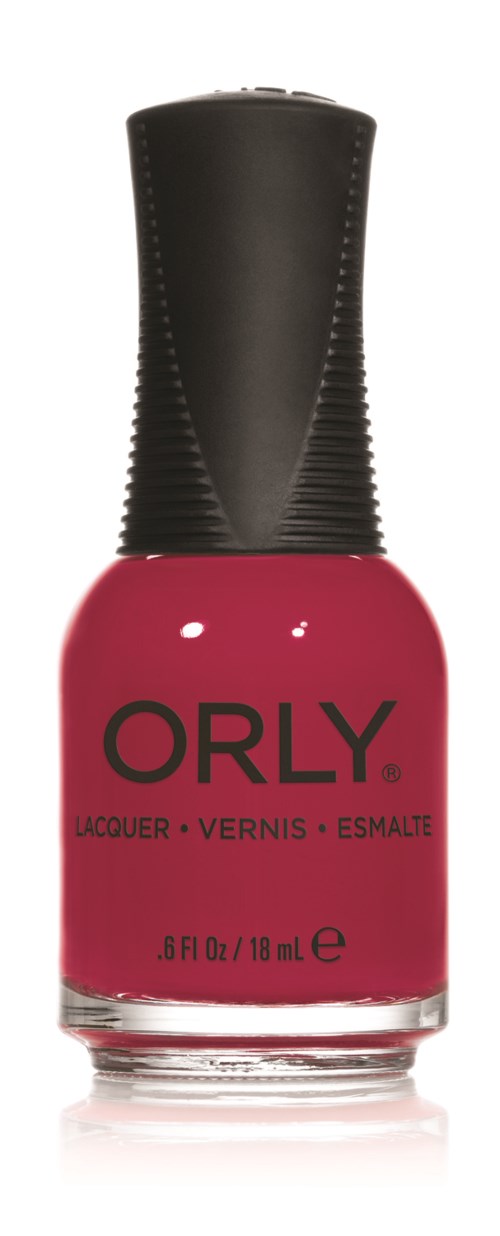 En flaska ORLY nagellack i rosa färg med svart lock, märkt med produktdetaljer.