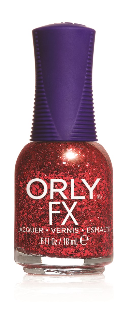 En flaska med röd glitterögonlack med lila lock och vit text som säger ORLY FX.