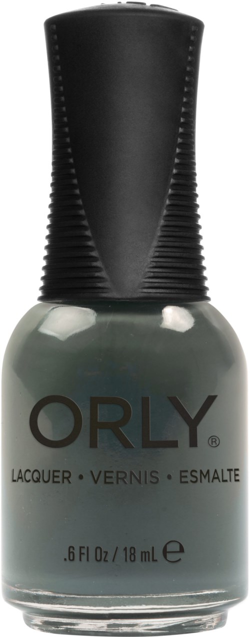 En flaska grå nagellack med svart lock och märkesnamnet 'ORLY' på framsidan.