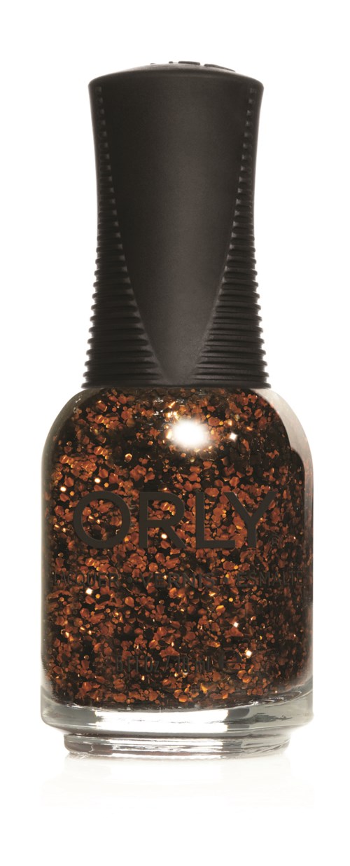 Röd och svart glitter nagellackflaska med svart lock.