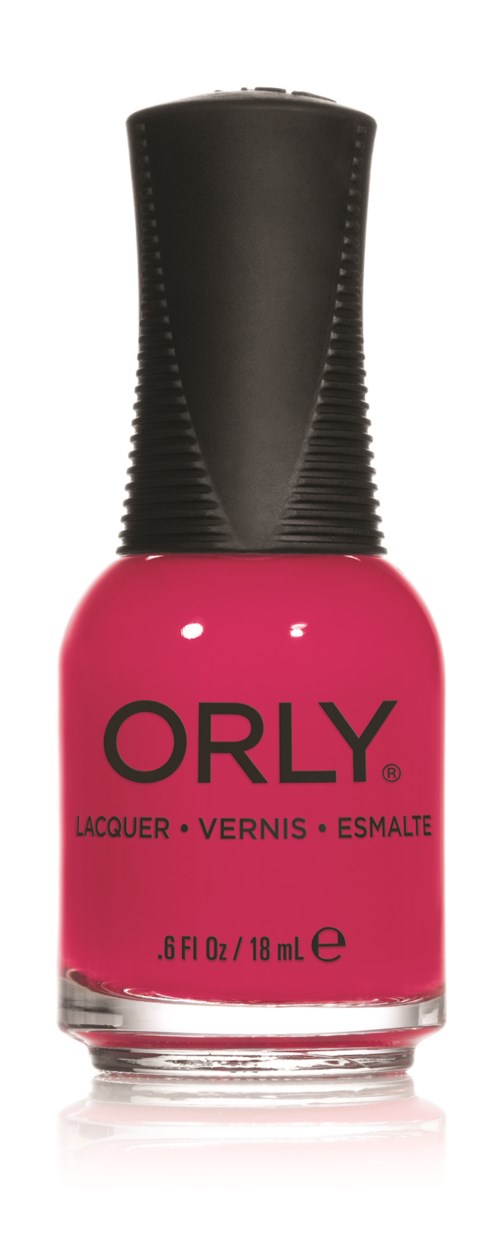 Nagellacksflaska i rosa med svart lock, märkt ORLY, 18 ml.