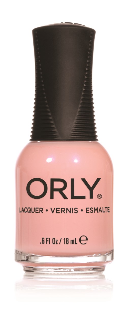 En rosa flaska nagellack från ORLY med svart lock, visar varumärket och detaljer.