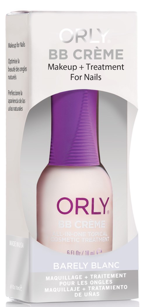 En vit förpackning för nagelvård och makeup, som visar en flaska med lila lock inuti, märkt ORLY 3B Creme Barely Blanc.
