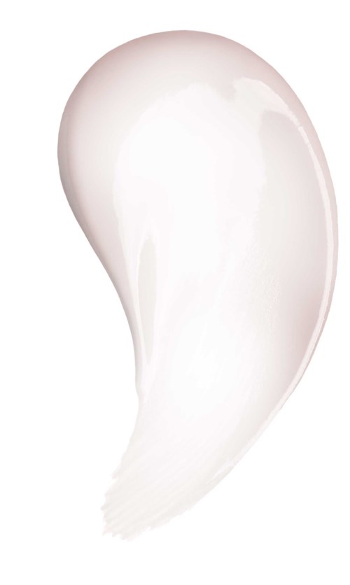 En virvel av vit grädde eller lotion med en slät, glänsande yta på vit bakgrund.