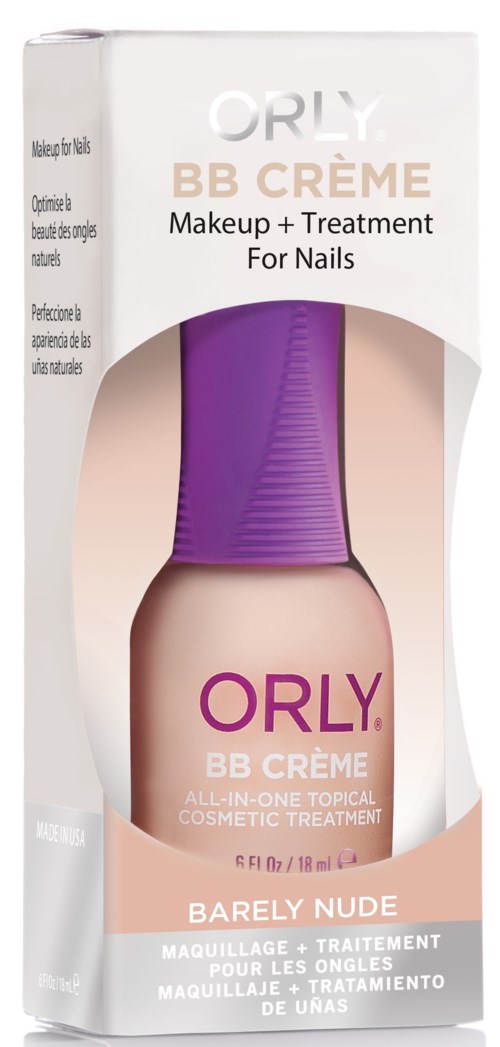 En låda med ORLY BB Creme för naglar, i färgen Barely Nude, med lila lock och produktbeskrivning.