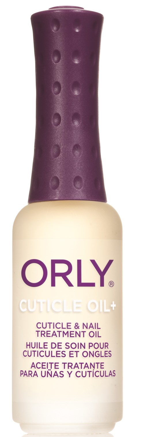 En flaska med ORLY Cuticle Oil+ med lila kork och vit etikett för nagel- och kutikvård.