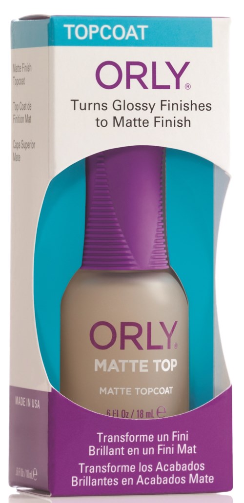 En flaska med ORLY matt topplack för nagellack, med lila och blå förpackning, avsedd att skapa en matt finish.