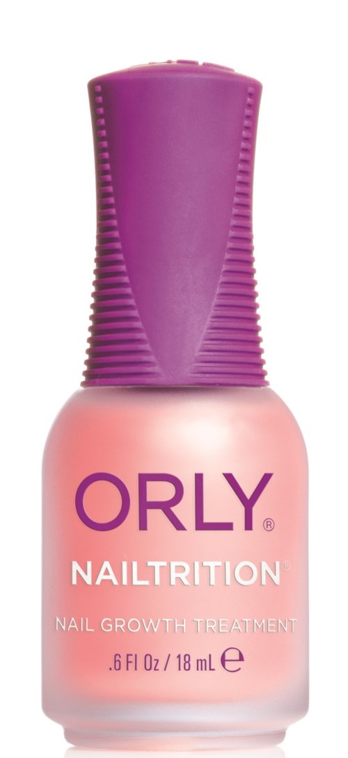Rosa nagellackflaska med lila kork och matchande text, märkt "ORLY Nail Nutrition" och "Nail Growth Treatment."