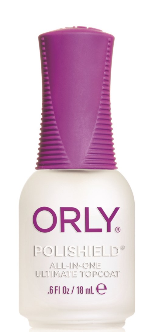 En hvid neglelakflaske med lilla låg, mærket ORLY POLISHIELD, alt-i-ET topcoat, 0,6 fl oz.