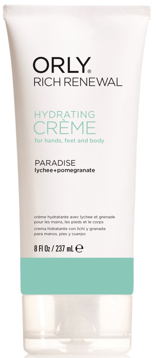 En vit tubes med ORLY RICH RENEWAL återfuktande kräm för händer, fötter och kropp, med doft av lychee och granatäpple, 8 oz.