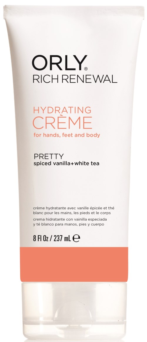 En vit tub med ORLY Rich Renewal Hydrating Cream med orange band, för händer, fötter och kropp, dofter vanilj och vit te.