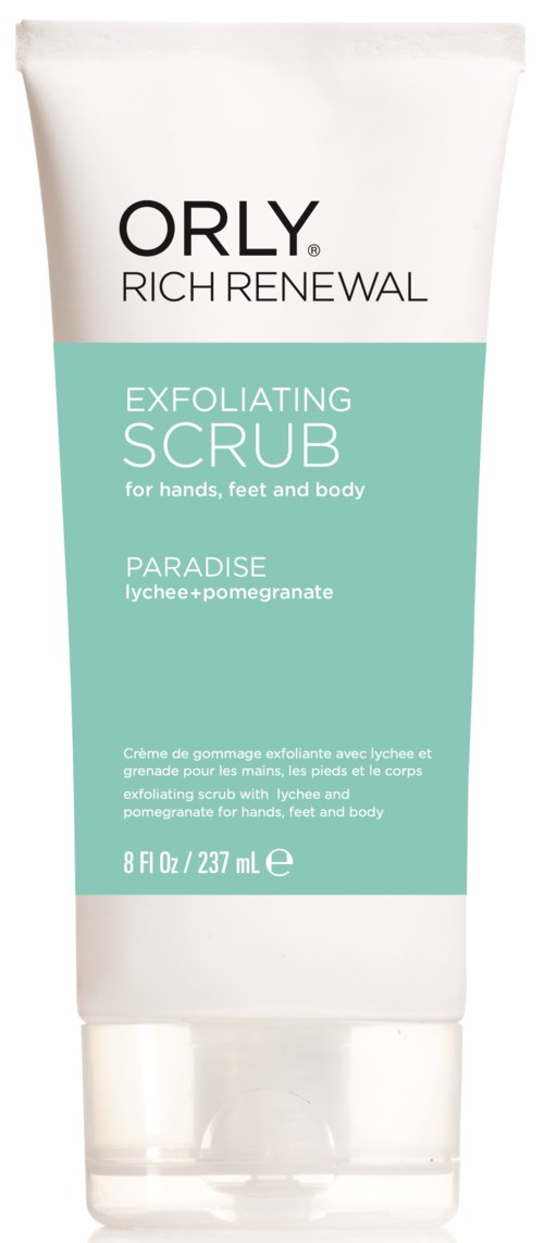En vit och grön tub märkt ORLY RICH RENEWAL exfoliating scrub för händer, fötter och kropp med paradisdoft.
